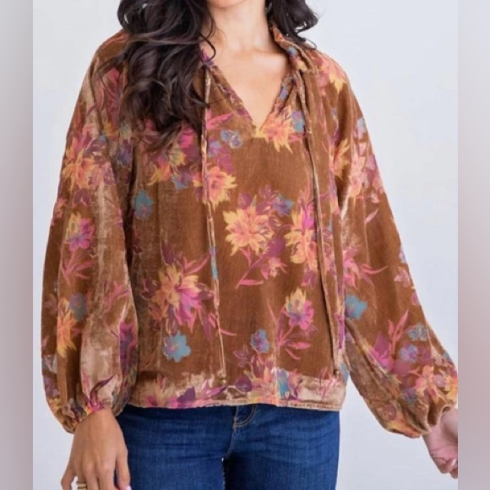 Karlie Brown Tie Front Long Sleeve Blouse
